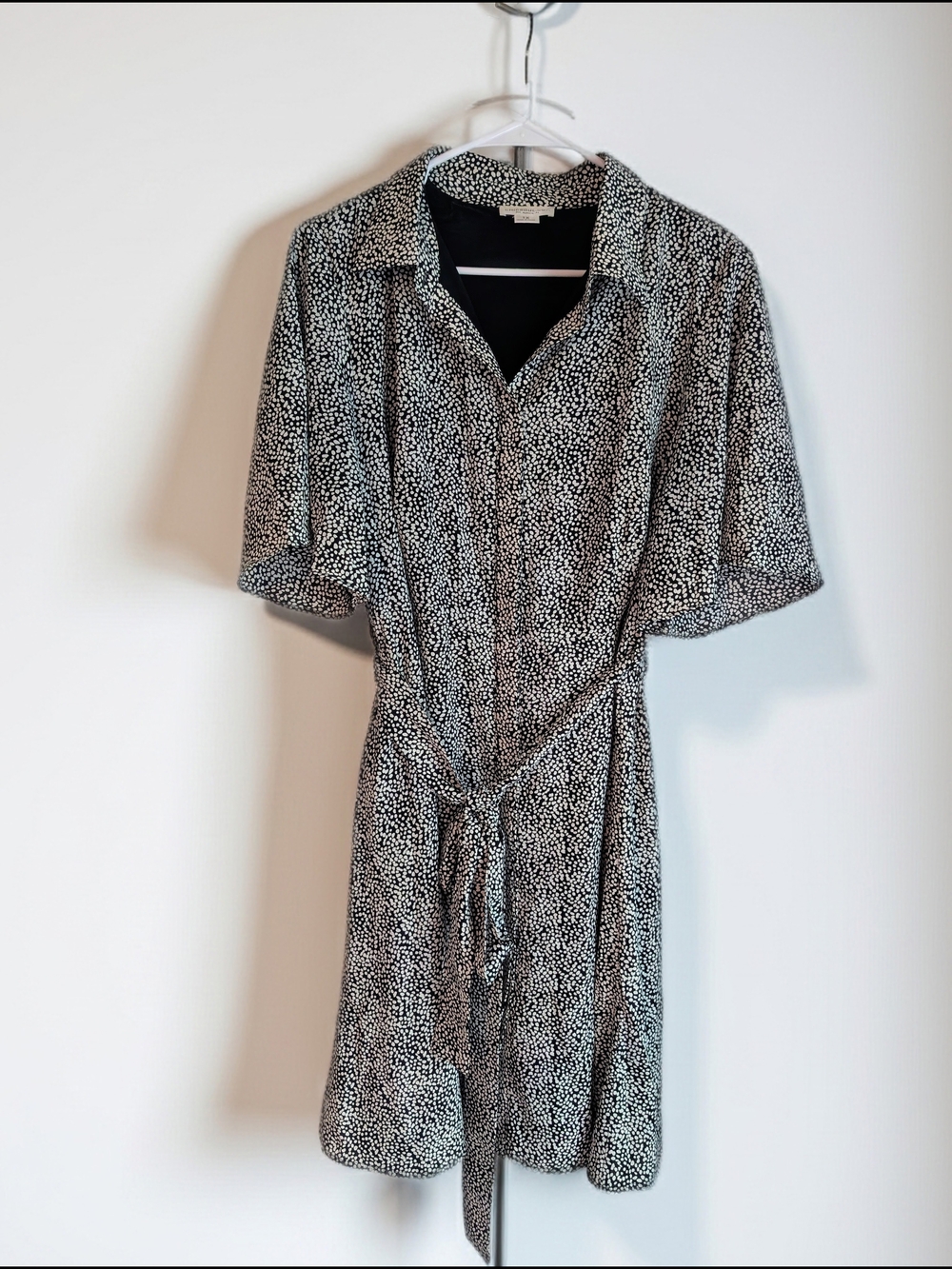 Chic Soul Black and White Dotted Button Front Dress with Tie Waist- 1X